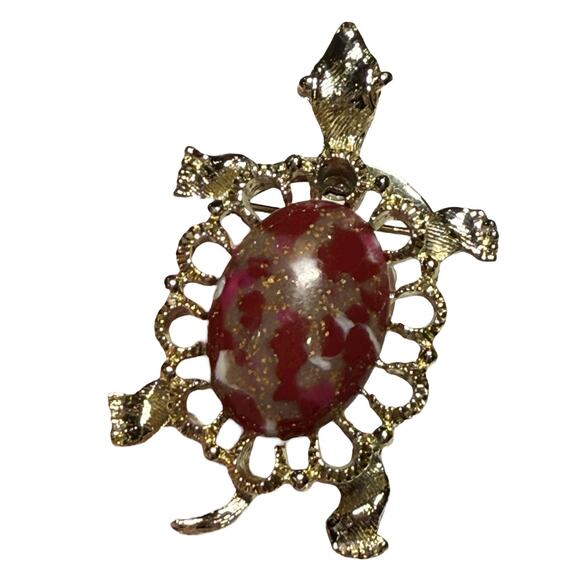 Gerry’s Turtle Brooch Lucite Gold Tone Oval Cabochon Vintage Tortoise Belly Pin - Picture 2 of 11